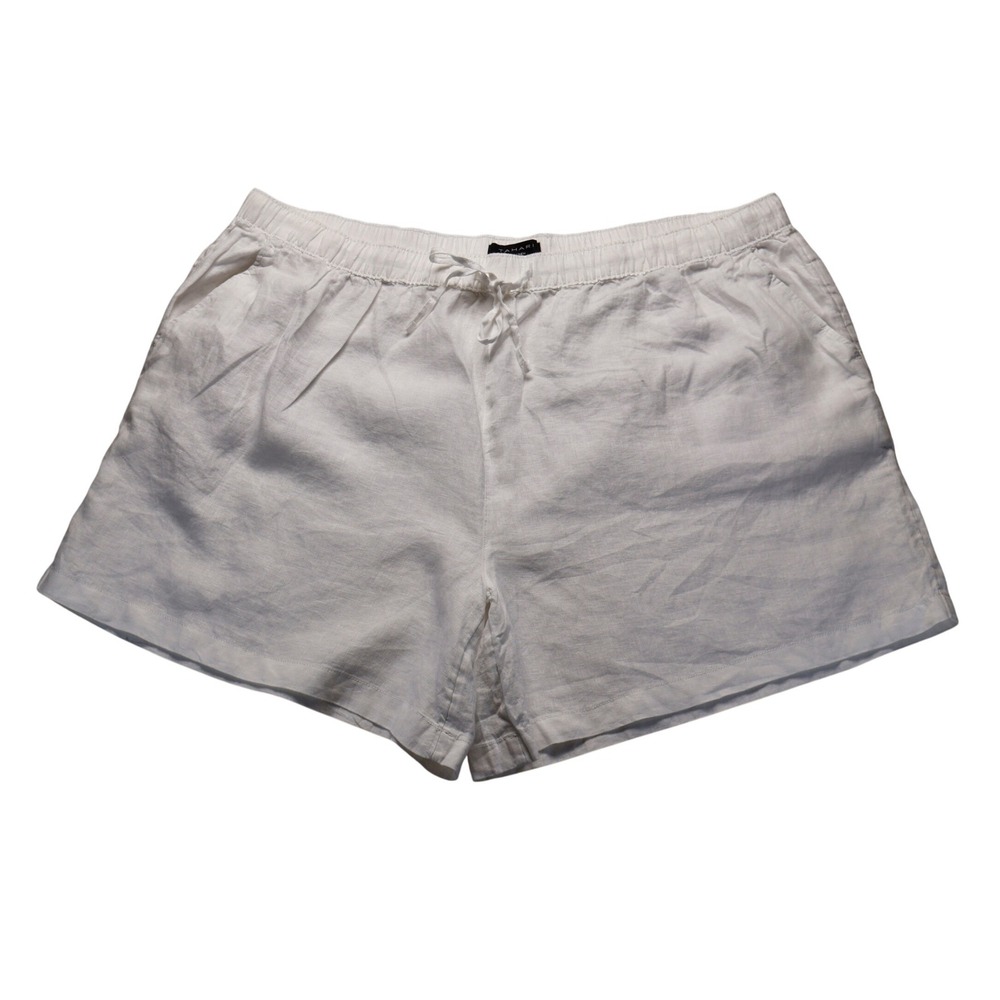 TAHARI Women's White 100 % Linen Pull On Elastic Waist Drawstring Shorts Plus 3X
